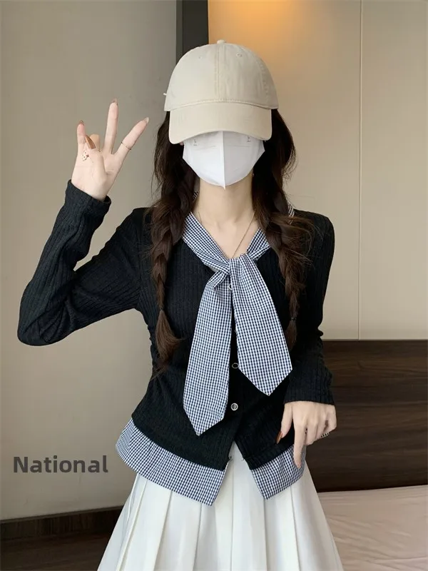 

Korean Commuter Style Long Sleeve Plaid Shirt Women's Early Spring Autumn Design Sense Waist Cinching Patchwork Base Shirt Top