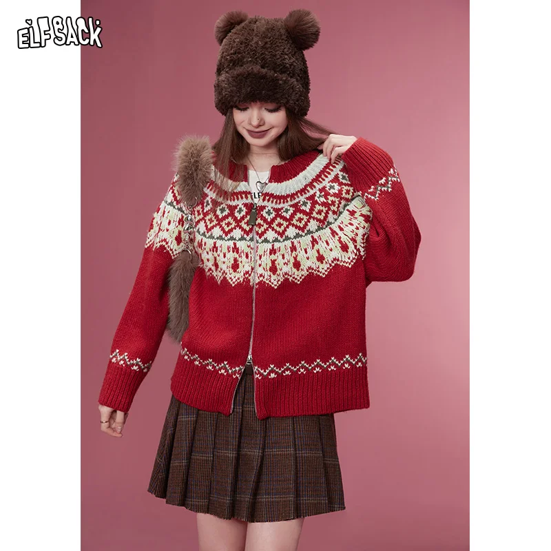 ELFSACK Christmas New Year Zip Up Sweaters Women 2023 Winter Retro Fair Isle Style Knitwears