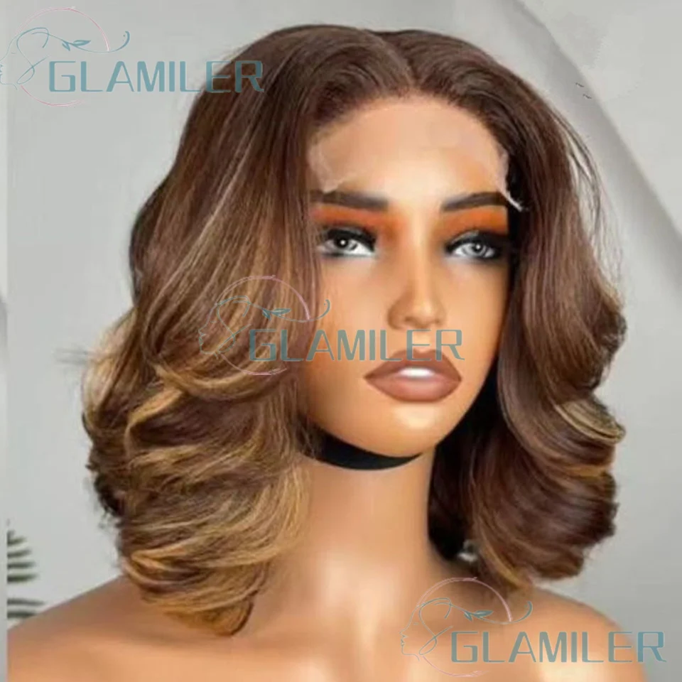 باروكات بوب دانتيل كاملة 360/مزودة مسبقًا، باروكات بوب قصيرة مموجة فضفاضة ومموجة، أشقر بني # 4/27 تسليط الضوء على الشعر البشري 5x5 الحرير أعلى إغلاق الباروكات