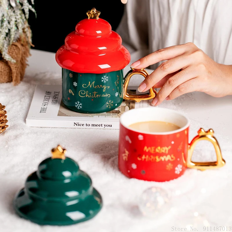 1pc Creative Ceramic Cartoon 310ML Christmas Tree Style With Lid High Appearance Mug Christmas Office Breakfast Water Coffee Cup