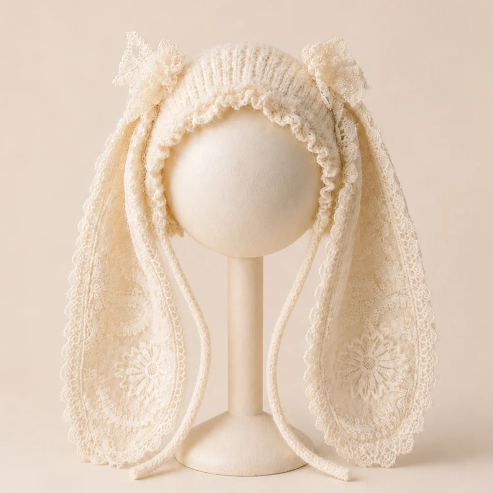 Sweet Lace Ruffle Newborn Bunny Hat with Long Ears for Photography Props Two Bows Knitted Baby Rabbit Bonnet Photo Accessories