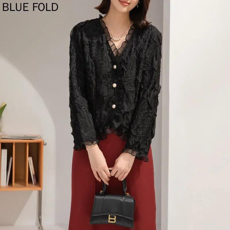 

MIYAKE Embroidered Single-Breasted Short Top Women, Single-Breasted Jacket, Fashionable Design, Autumn