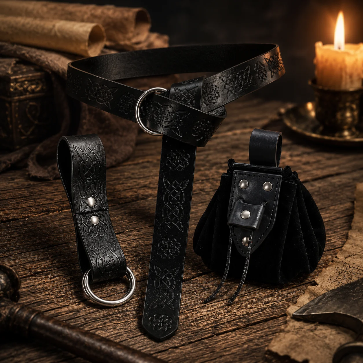 Celtic Leather Belt and Pouch Set, Medieval Waist Bag with Ring Holder, Adjustable Viking Costume Accessories for LARP view 5
