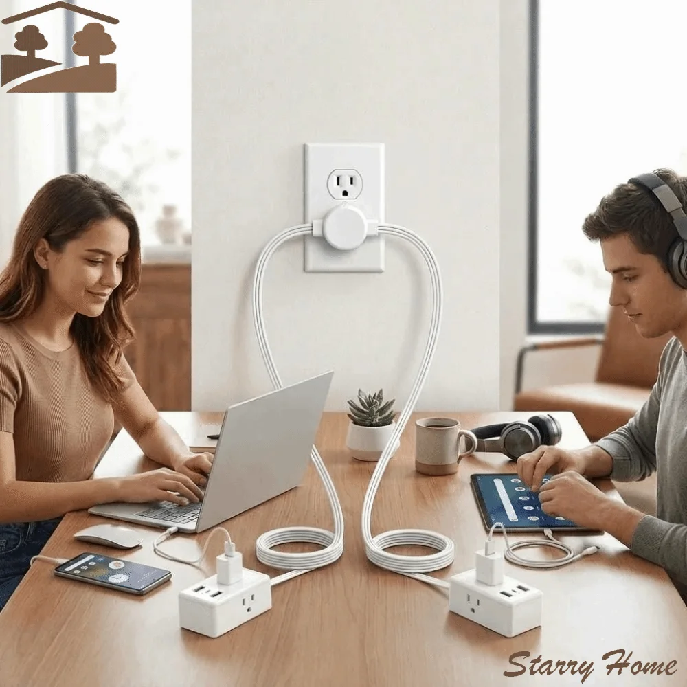 2 USB Ports Power Strip Solid Copper Wire 1 USB-C Port Dual Extension Cord Power Strip Dust Splash Resistance Durable Cord