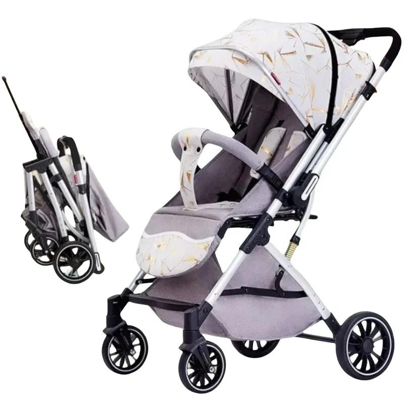 

Lightweight Four Wheel Baby Stroller Reversible High View Infant Pushchair Foldable Travel Pram Sit Lie Reclining Portable