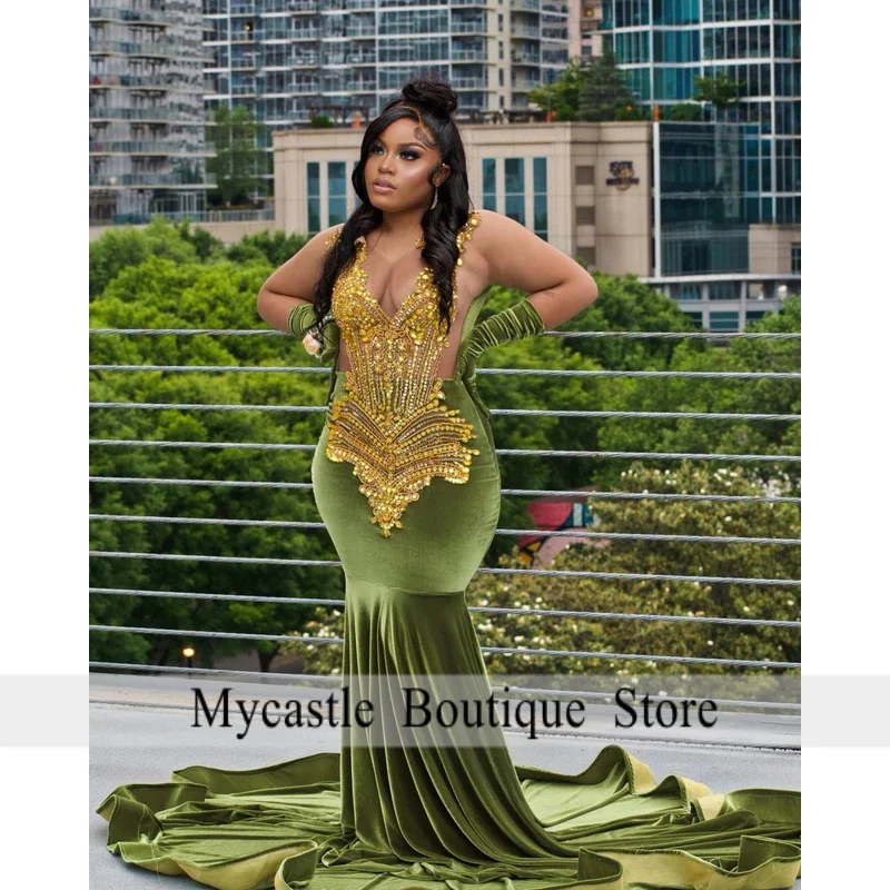 カスタマイズされたキラキラグリーンのプロムドレス 2026 黒人女の子用 ゴールドダイヤモンドビーズクリスタルスパンコール誕生日パーティードレス 0