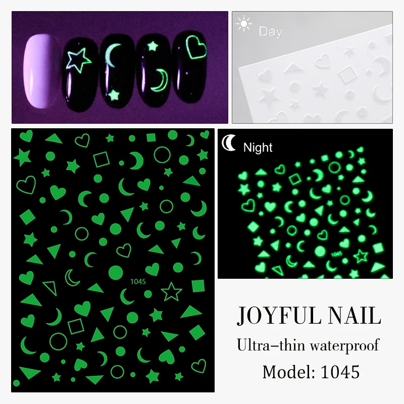 1 Sheet Glow In The Dark Nail Art Sticker Snowflake Flame Old English Alphabet Pentagram Butterfly Line Heart Star Leaf Decals