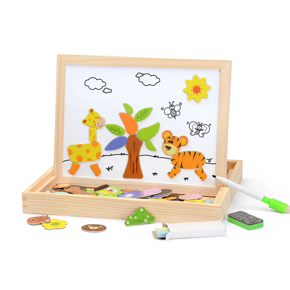 

120PCS Wooden Magnetic Puzzle Figure/Animals/ Vehicle /Circus Drawing Painting Board 5 Styles Box Educational Toy Montessori