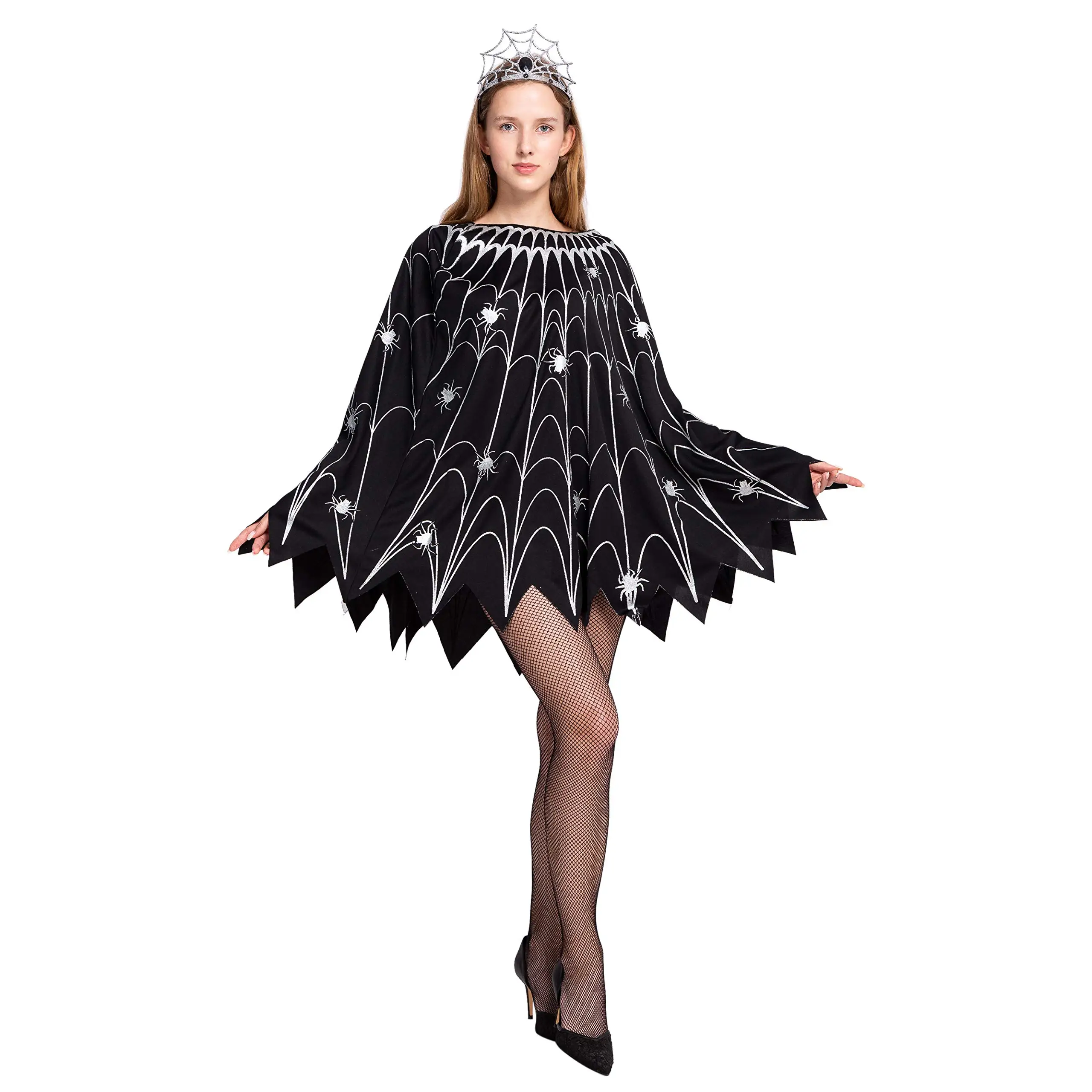 Halloween Pumpkin Costume for Adult Women Spider Web Skeleton Poncho Cloak Scarecrow Costumes