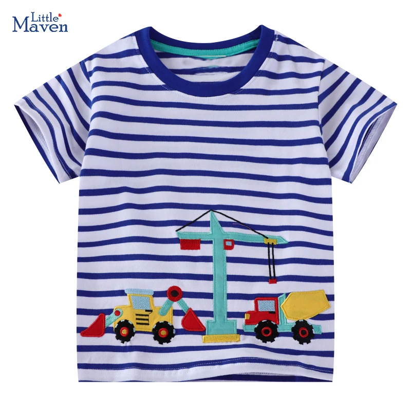 Little Maven Tops Kinderkleidung Cartoon Bagger Kinderkleidung 2025, Sommer Baby Jungen Kurzarm Gestreifte T-Shirts Baumwolle