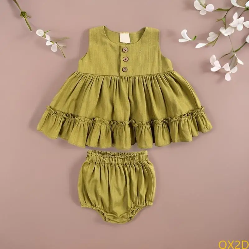 QX2D attractive Ruffle Dress & Bloomers Set Cotton Linen Dress for Little Princesses