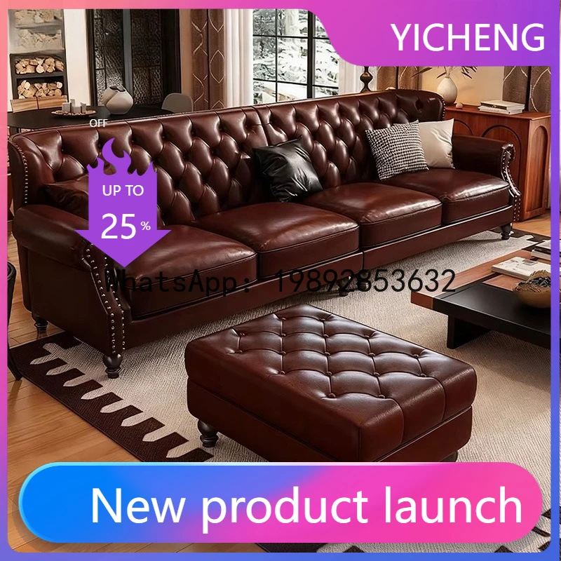 

Hys retro genuine leather sofa - straight-row, vintage style - living room, hotel, villa leather art sofa