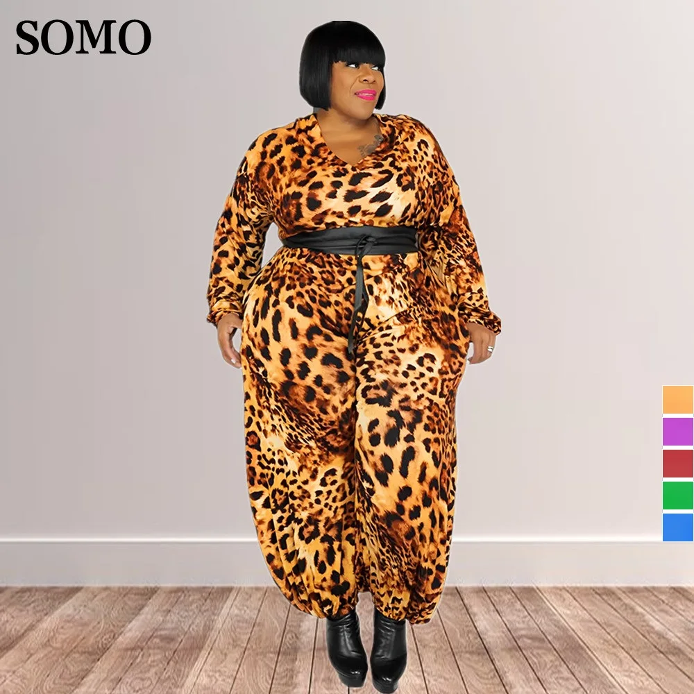 

SOMO Fashion Leopard Print Women Jumpsuits Plus Size Loose Long Pants Romper with Belt One Piece Outfits Wholesale Dropshipping