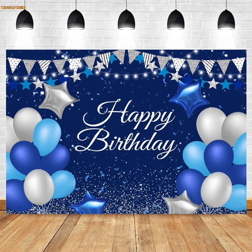 Fondo azul de feliz cumpleaños, globos con manchas brillantes, niños, mujer, hombre, fiesta de cumpleaños, fotografía personalizada, decoración de fondo, pancarta