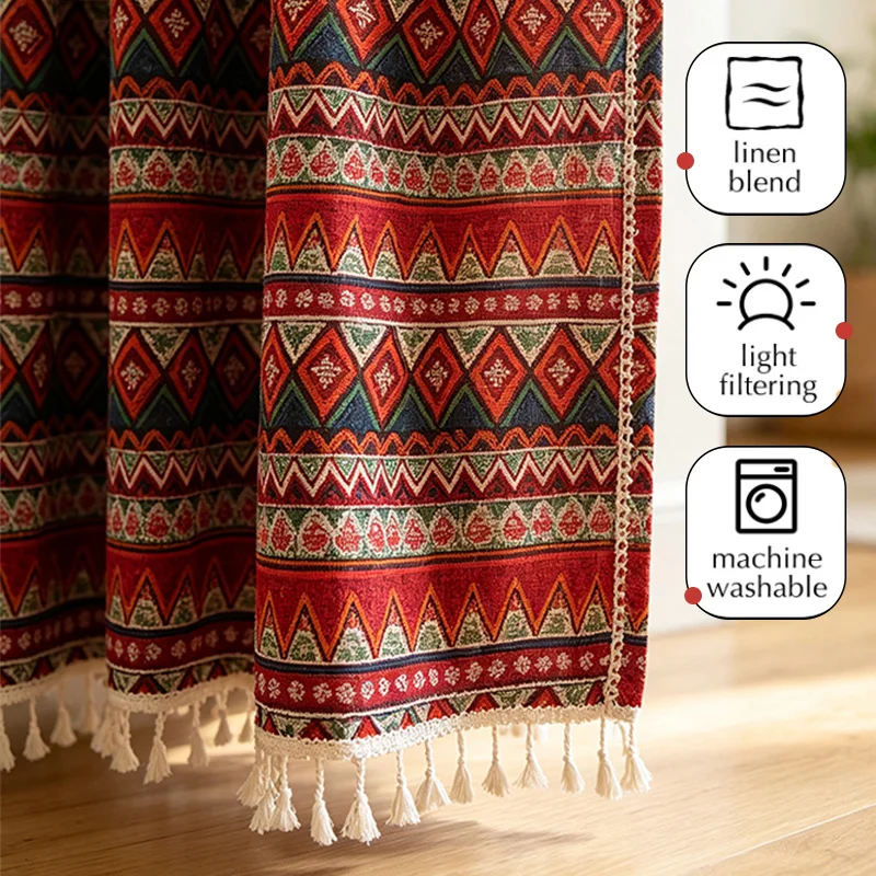 Boho Ethnic Kitchen Cabinet Cover Curtain No Drill Partition Door Curtain Household Cafe Homestay Decor Mini Window Curtain