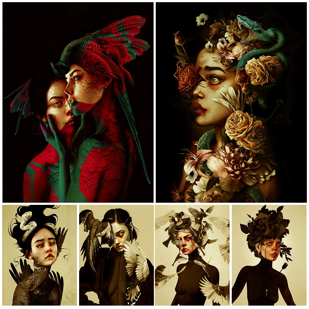 

Flying Bird,Flower Snake,Wolf And Girl Surreal Vintage Wall Art Canvas Print Abstract Bird Woman Modern Art Poster Print Decor