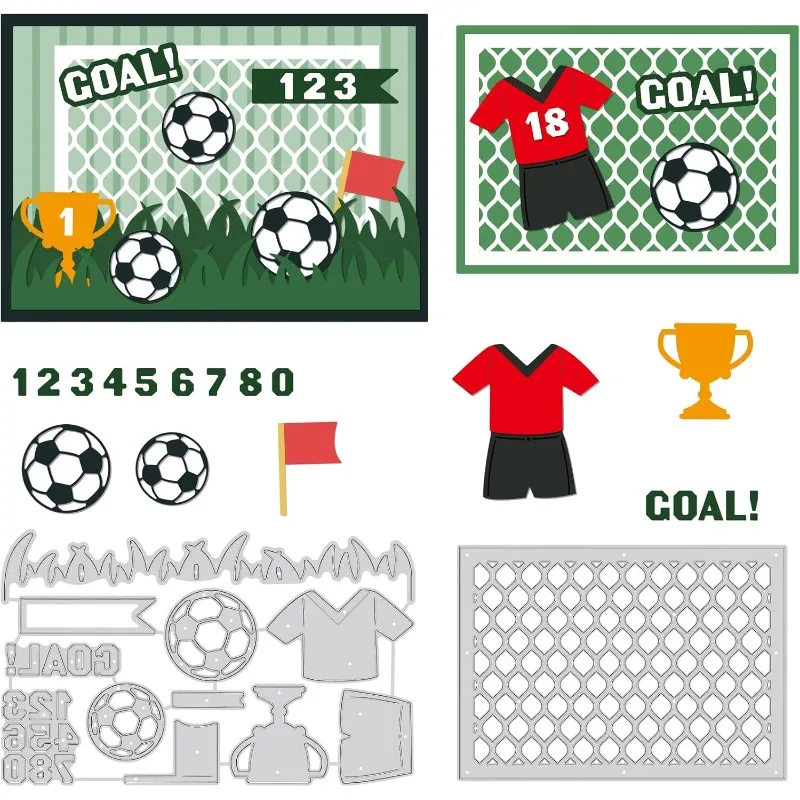 Trofeo de portería de fútbol, plantillas de corte de acero al carbono con temática de fútbol, plantilla en relieve de Metal para álbum de recortes, 2 uds.