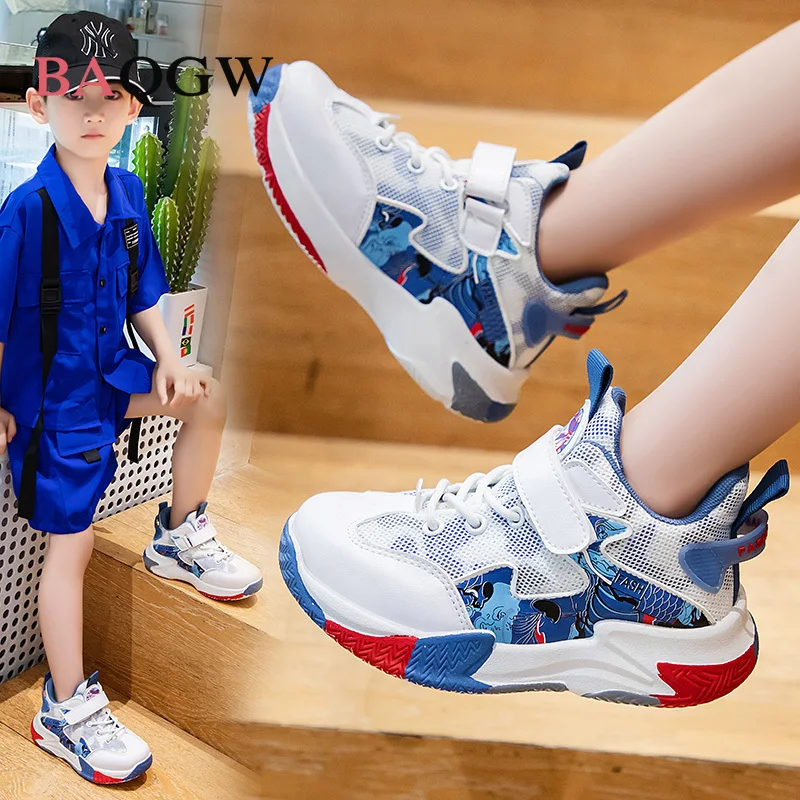 Mesh Children Running Sneakers Boy Shoes High-Quality Lightweight Mesh Breathable Soft Soled Anti-Slip Children Basketball Kids