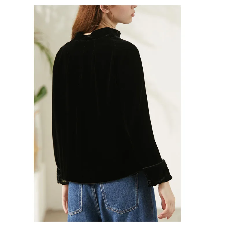 Fengbaoyu Silk Velvet Women's Shirt - A Retro Short-Sleeved Blouse with Classic Style, Comfortable and Soft, Luxurious Clothing