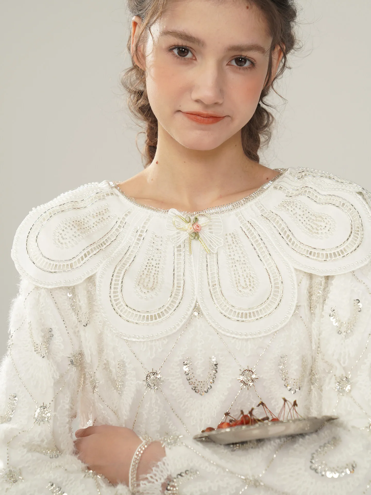 

92-108cm Spring Fall White Dress Women Korean Fashion Elegant Loose Luxury Hanmade Embroidery Beadings Glittering Sequins Dress