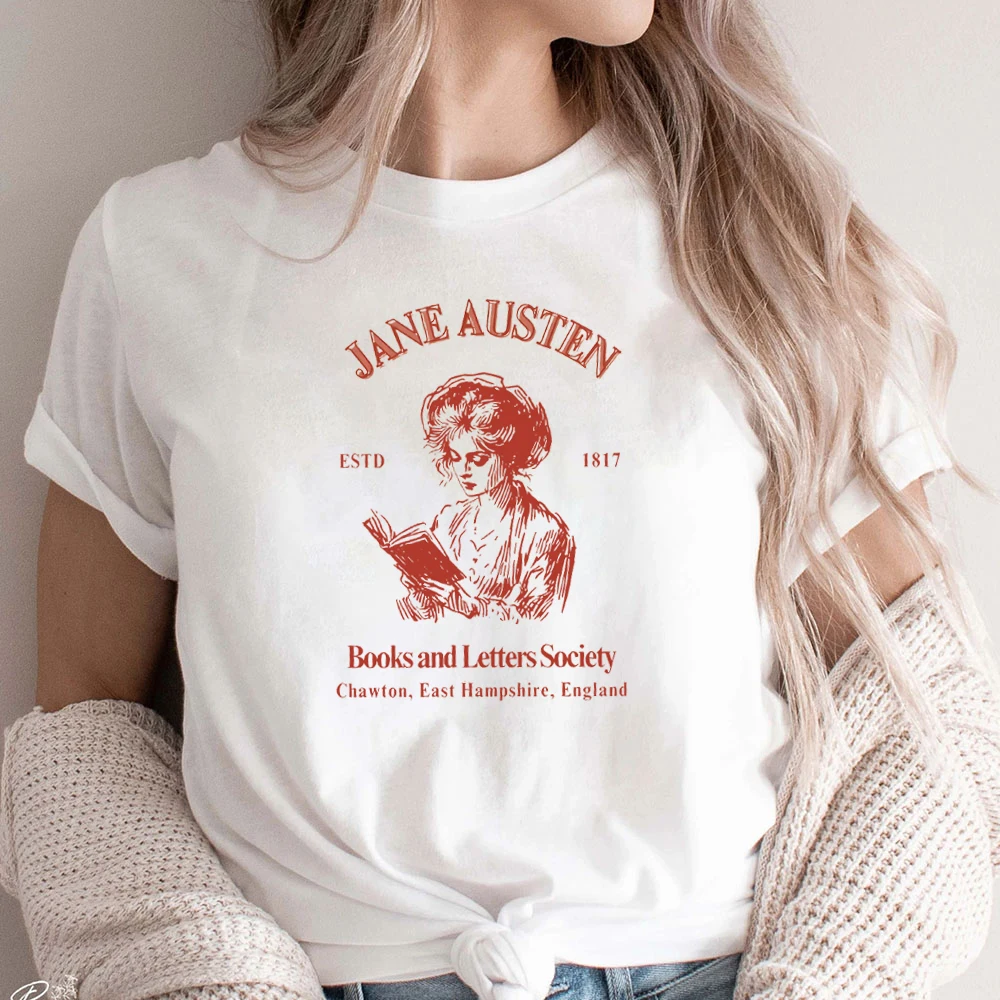 Books And Letters Society Reading Clothes Book Lovers Gift Print T-Shirts for Jane Austen Fans Tees Feminine Shirt Librarian Top