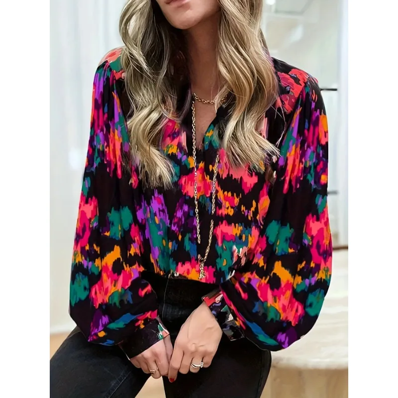 Blus Lengan Puff Cetak Celup Dasi Wanita Baru Ukuran Besar 1XL-5XL Blus Wanita Modis dan Nyaman