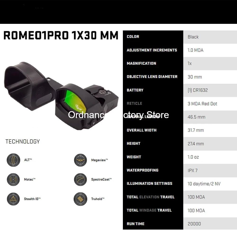 Original ROMEO1 PRO 1x30mm 3 MOA Red Dot Sight | Durable Compact Open Reflex Sight with Protective Shroud