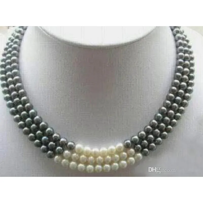 New 3 Rows 7-8MM Bla White Natural Pearl Nelace 17-19