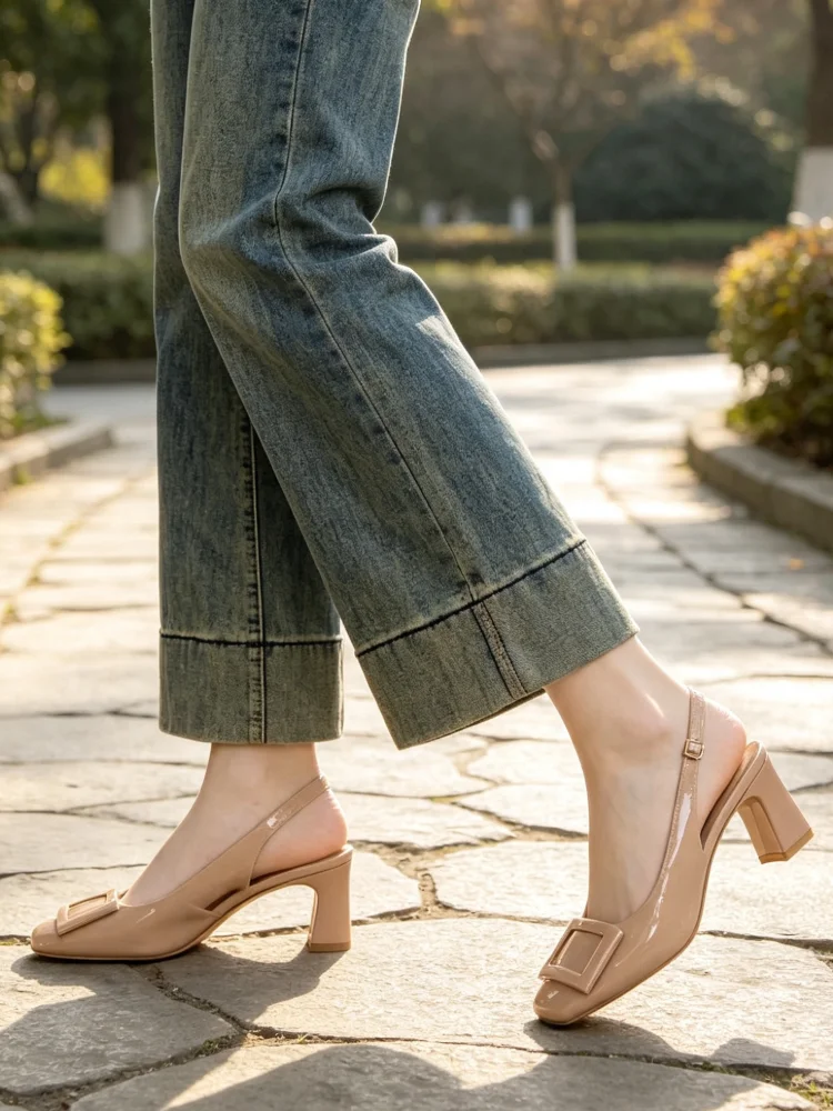 New Nude Square Buckle Block Heel Sandals for Women - French Elegant Slingback Pumps,Commuter Friendly,Comfortable All-Day Heels