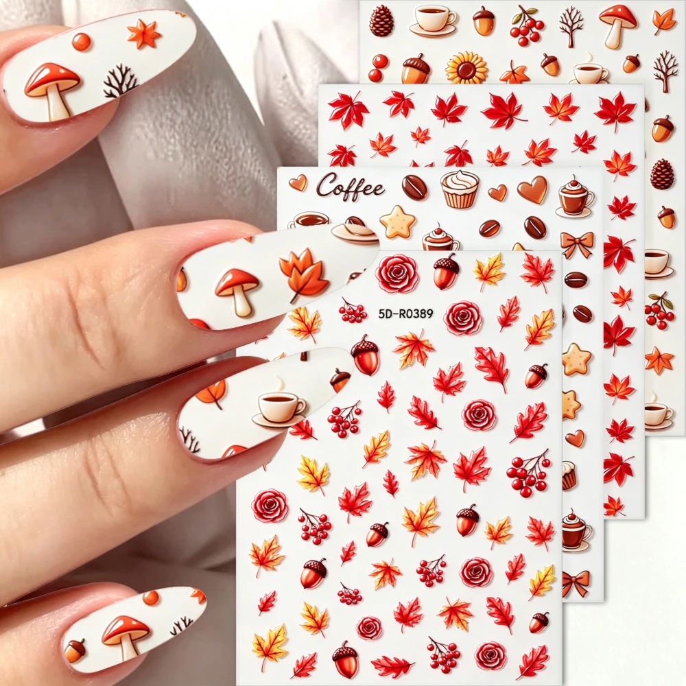 4Pcs 5D Autumn Maple Leaf Nail Stickers Brown Red Rose Pinecore Mushroom Berry Nails Decals for Fall Thanksgiving Manicure Decor