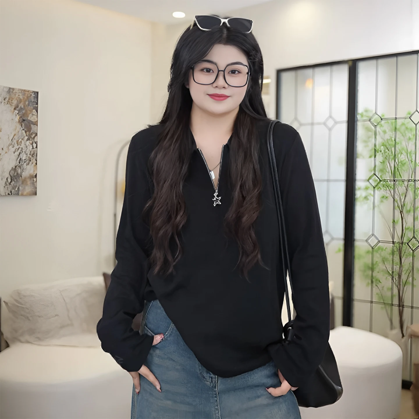 plus Size Lazy Style Half Zipper Long Sleeve Knitted Sweater Women's Black Slimming Autumn New Fashion Top Quality Material