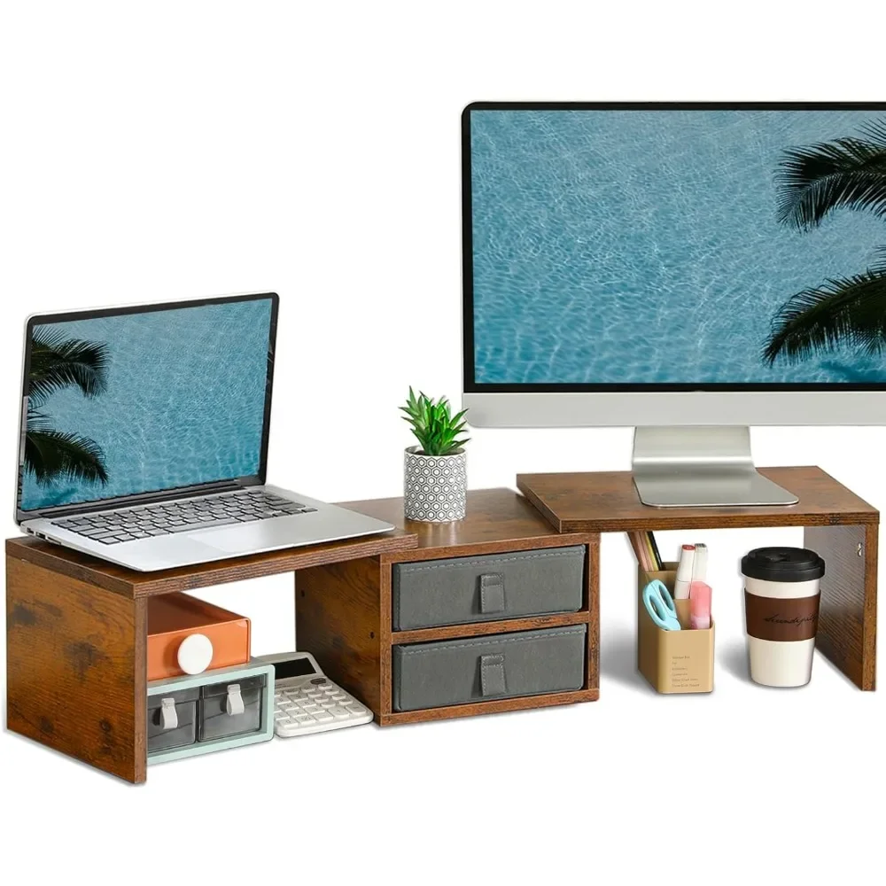 Stand Riser with 2 Drawers - Length and Angle Adjustable 3 Shelf Monitor Riser with Storage Desk Organizer Large Monitor Stand