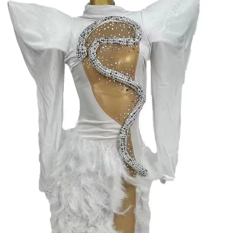 

Unique White Feather Elegant Dress for Women Celebrate Costume Evening Party Dress Blingbling Diamonds Birthday Gowns Shelifu