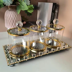 Fine Glass Jewelry Cotton Swab Box Mirror Tray Golden Candy Jar with Lid Room Fruit Dessert Dried Fruit Storage Jar Home Decor