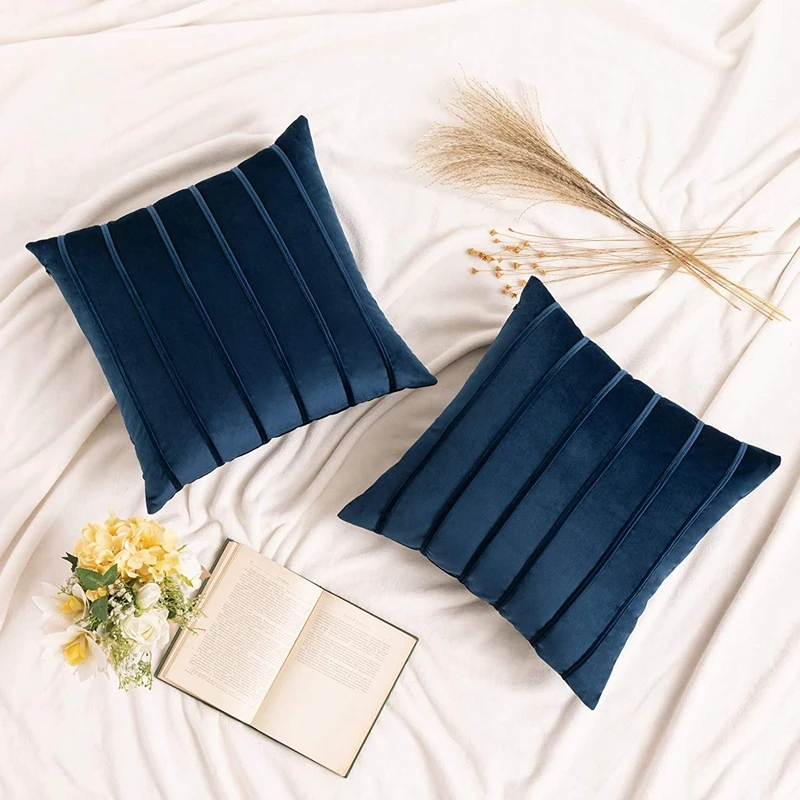 Inyahome 2Pcs Blue Velvet Pillow Covers with Striped Decorative Luxury Soft Cushion Cases for Farmhouse Couch Sofa Living Room