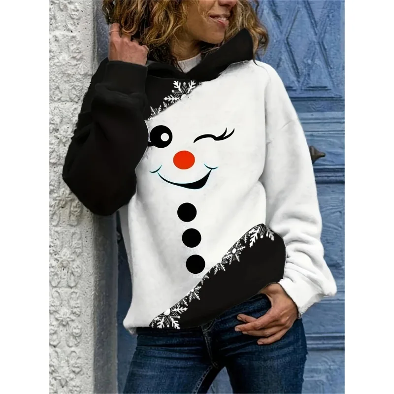 Plus Size 1XL-5XL New Women's Fashionable Long Sleeved Party Pullover Hooded Ladies Casual Contrasting Christmas Printed Hoodie