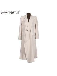 TWOTWINSTYLE Solid Patchwork Pockets Slim Trench For Women Lapel Long Sleeve Tunic Patchwork Button Temperament Coats Female New