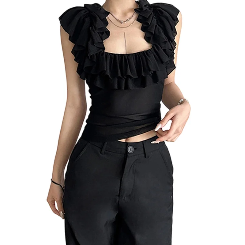 Women's Summer Tank Tops Slim Fit Stylish Sheer See Through Ruffled Scoop Neck Sleeveless T-Shirt, Stylish Tops view 6