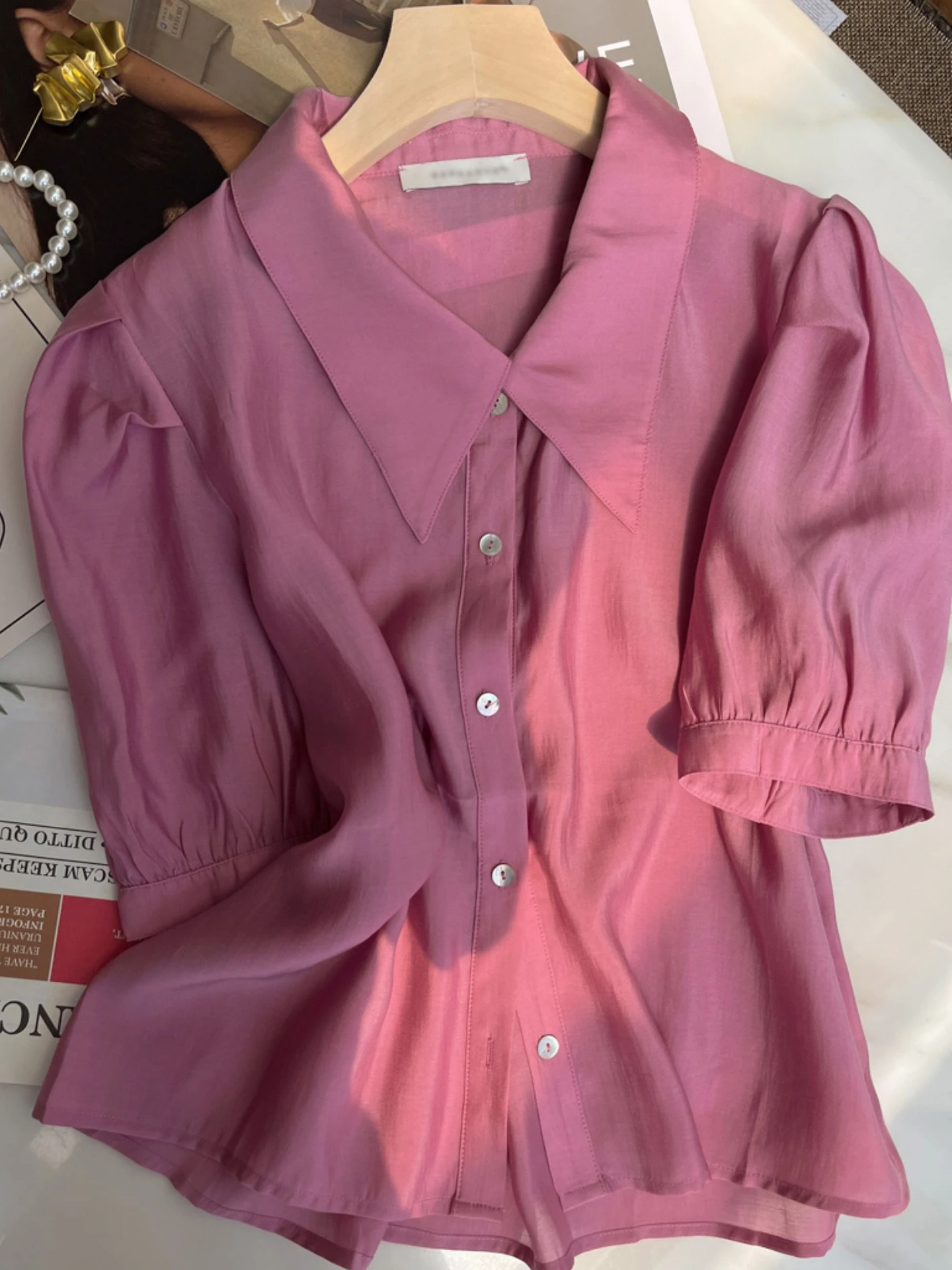 New Summer Girlish Rayon Turn-down Collar Crop Tops Puff Sleeves Simplicity Solid Color Comfortable Prairie Chic Shirts Blouses