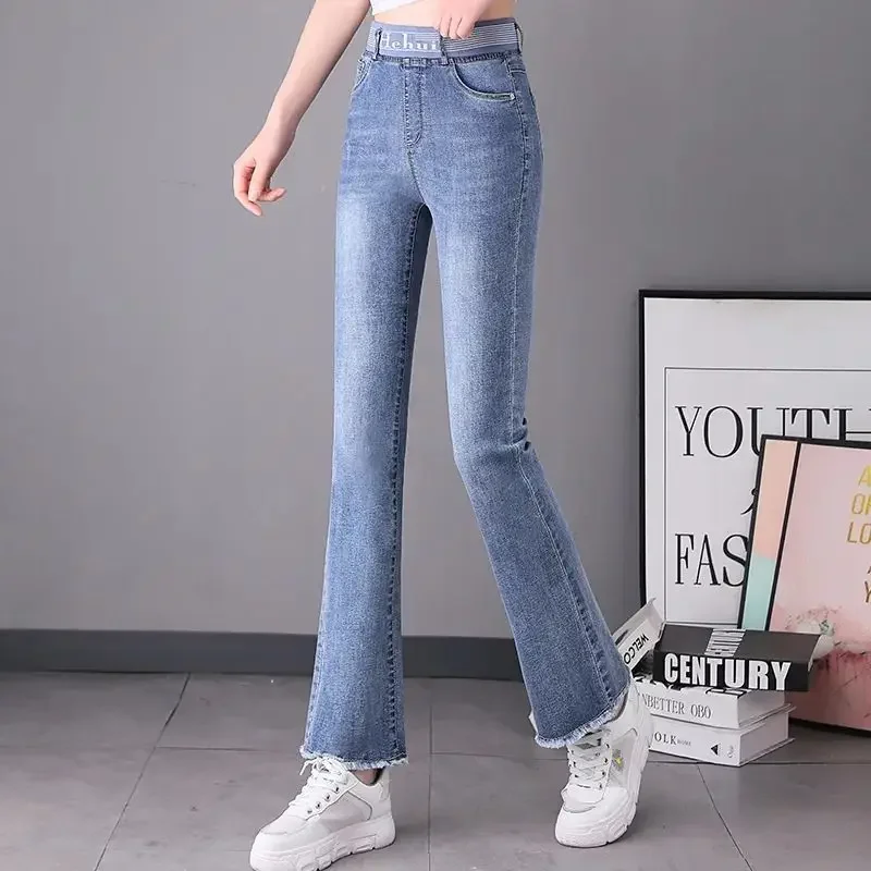 

Korean Fashion Woman High Waist Jeans Spring Summer Clothing Elastic Band Pockets Slim Denim Solid Casual Flare Pants 2024 N49