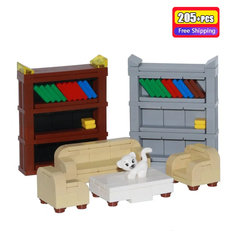 

205pcs Building Blocks MOC Living Room Furniture Sets Bricks DIY Toys for Children Creative Library Bookshelf Sofa Home Decor