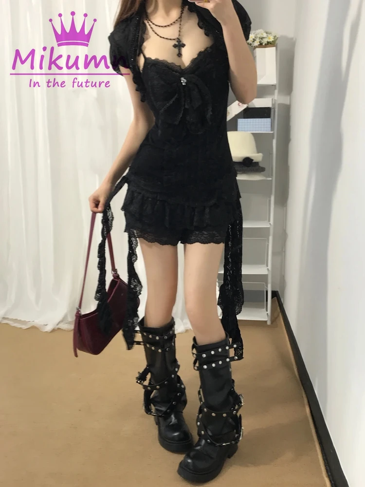 Mikumn Gothic Lolita Black Lace 3 Piece Set Women Puff Sleeve Cardigan+Bow Cami Top+Cake Mini Skirt Y2K Aesthetic Kawaii Outfit view 6