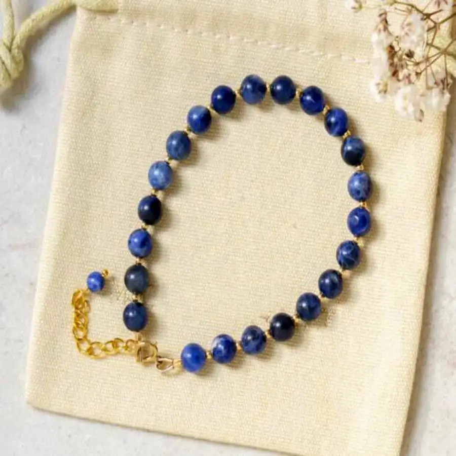 Natural Lapis Lazuli Beaded Bracelet with Gold Spacers & Extension Chain Healing Crystal Jewelry for Women