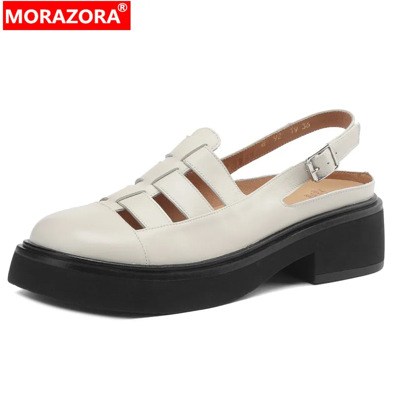 

MORAZORA 2024 New Genuine Leather Buckle Women's Sandals Ladies Dress Platform Shoes Square Med Heels Slingbacks Sandals