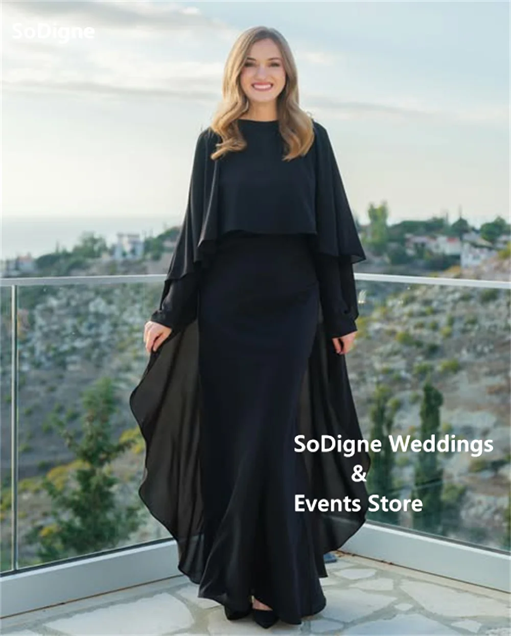 SoDigne Black Chiffon Prom Dresses High Round Neck Cape Evening Dress Slim Mermaid High Slit Evening Gown 2026 Customized