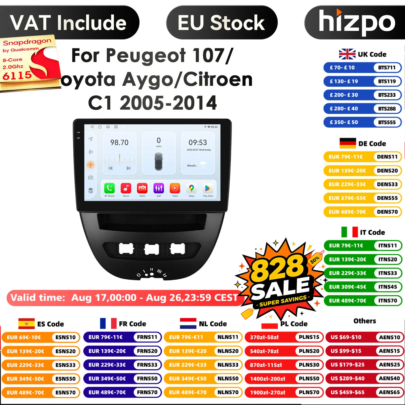 Hizpo Qualcomm Wireless CarPlay Android Auto Autoradio Stereo für Peugeot 107 Toyota Aygo Citroen C1 GPS Multimedia Player Video