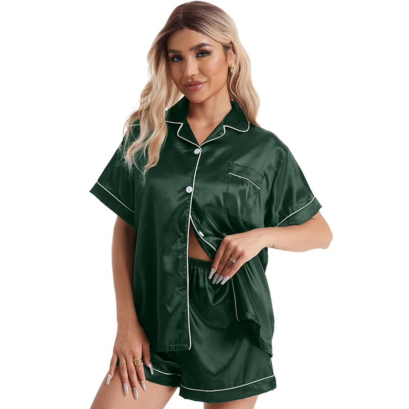 

Sleepwear Suit Summer European American Short-sleeved Shorts Women's Loungewear Imitation Silk Plus Size Lapel Casual Pajama Set