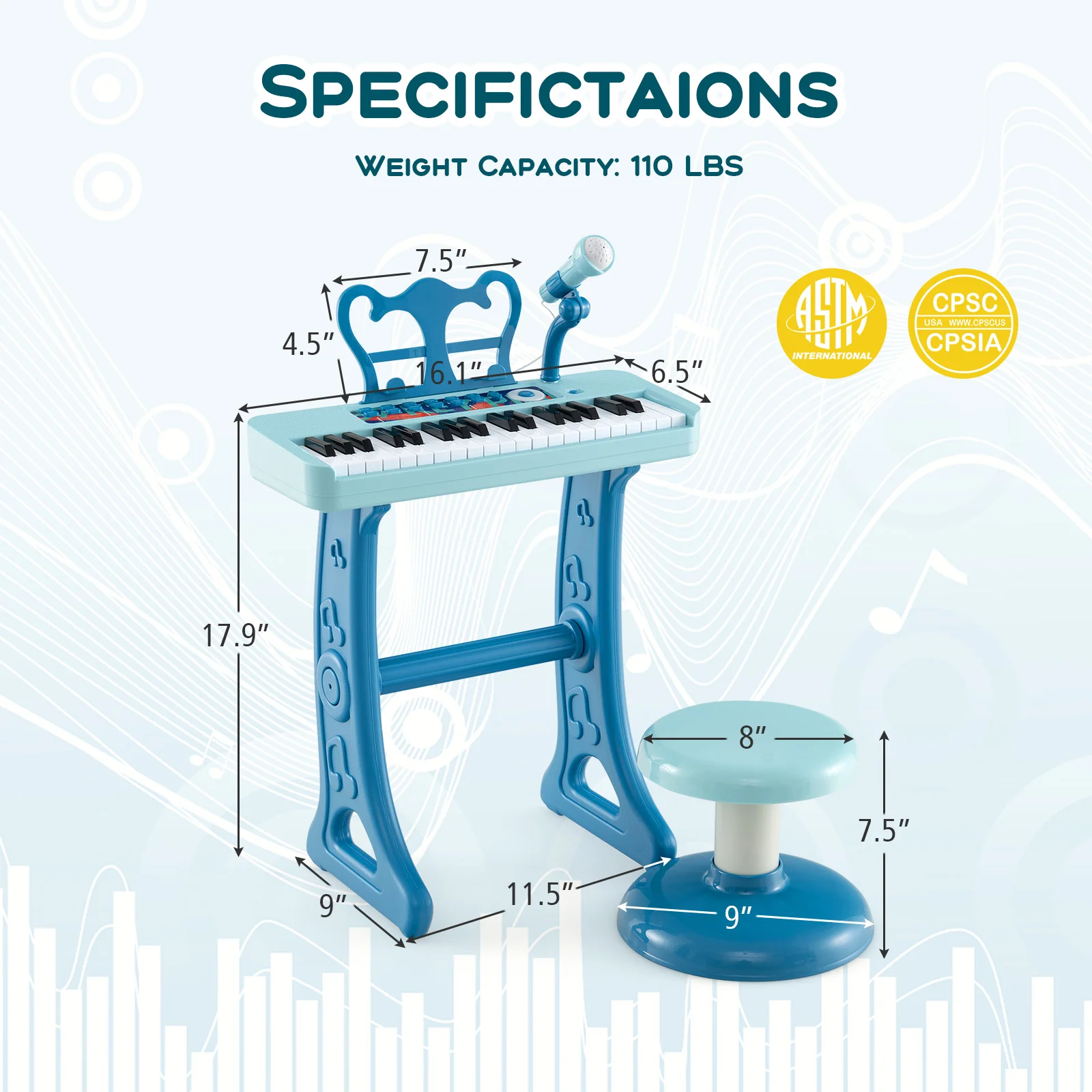 Teclado de Piano de 37 teclas para niños, instrumento electrónico Musical con taburete, azul