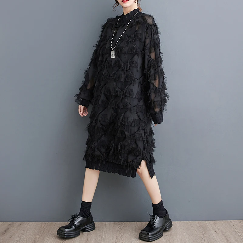 #3341 Black Irregular Midi Dress Women Tassels Loose Thin Perspective Retro Dress Ladies Stand Collar Fringe Dress Female Spring