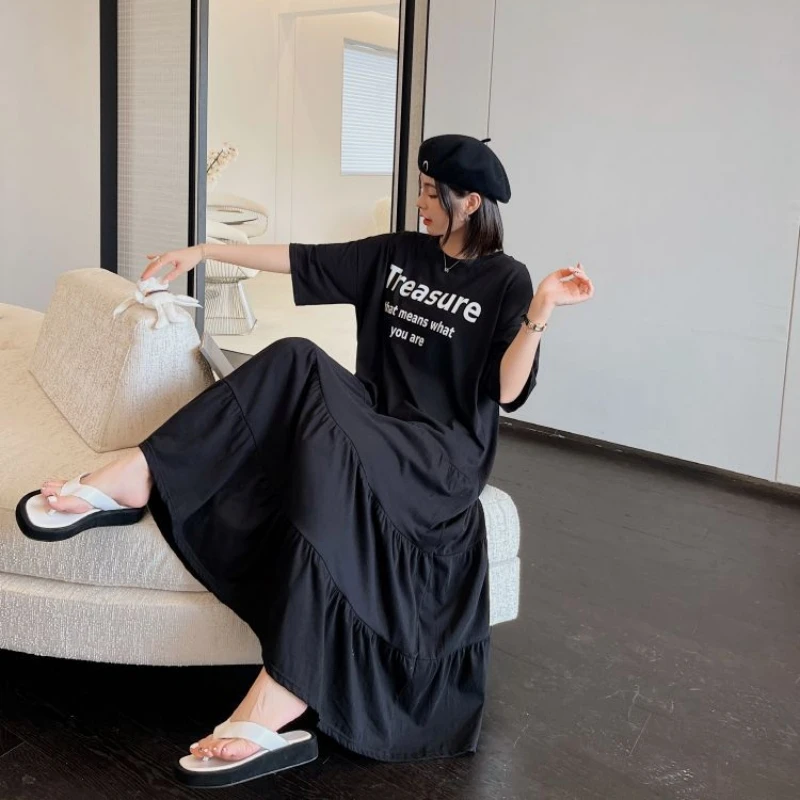 Oversized Black T-Shirt Long Skirt Midi Dress Summer Plus Size Splice Short Sleeve Female Loose  Robe Casual Vestidos Clothing